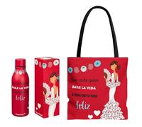 Pack Botella Térmica Flamenca Pepa feliz + Bolso Tote Málaga - Fondo rojo - Diseño illustrArte - Idea de Regalo Original