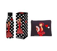 Pack Botella térmica Pepa Lunares + Neceser Granada Pepa Liso - Diseño flamenco illustrArte - 500 ml - Ideal para regalo