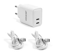 Pack Cargador de Pared Doble USB-C 10W + 2 Cables USB-C a USB-C (1m) - Adaptador de Corriente 2.1A con Protección para Tablet, Smartphone y Smartwatch