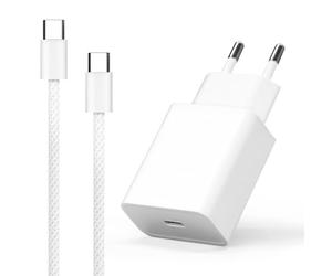 Pack Cargador USB-C 25W Power Delivery + Cable USB-C 1 m 60 W Nylon Trenzado Blanco, Carga rápida Segura, Bloque de Corriente Delgado Compatible con iPhone Samsung Android