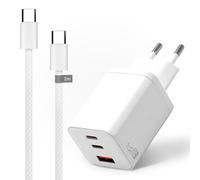 Pack Cargador USB-C 65W GAN 3 Puertos + Cable USB-C 2m 60W Nylon Blanco, Carga Ultra rápida PD, 2 USB-C + 1 USB-A, Compatible con MacBook iPhone Samsung Android
