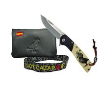 Pack cazador: navaja plegable 16,2 cm acero 3Cr13MoV con Liner Lock virola negra y clip + monedero de piel 10,5×7 cm bandera de España + pulsera SOY CAZADOR en caja regalo (PERDIZ ABS NEGRA)