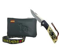 Pack cazador: navaja plegable 16,2 cm acero 3Cr13MoV con Liner Lock virola negra y clip + monedero de piel 10,5×7 cm bandera de España + pulsera SOY CAZADOR en caja regalo (CAZA ABS NEGRA)