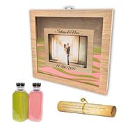 Pack Ceremonia Arena Bodas Personalizado Madera Roble | Arenas de Colores 2 botes de 800g | Portafoto 10x15cm | Personalizable con Fecha y Nombres Novios (Roble, Arenas Verde y Rosa)