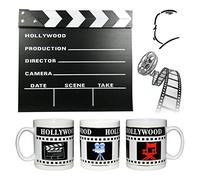 Pack Claqueta Director de Cine con Superficie de Pizarra para Escribir, Material Madera, Tamaño Grande, Medidas 30 x 26 x 3 cm, con Taza de Ceramica Especial Hollywood de 9.5 x 8 cm