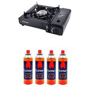 PACK Cocina Portátil Kmt Style - Hornillo de Camping Portátil y Compacto - Para Acampada, con Maletín de Transporte + 4 cartucho gas