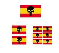 Pack colección 9 pegatinas gel 3D Bandera de España con emblema de Mercenario - tres tamaños: 6 u. 15x9 mm - 2 u. 30x18 mm - 1 u. 45x27 mm. - plastificadas - efecto acolchado.
