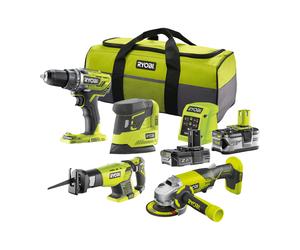 Pack combinado de 4 herramientas, taladro atornillador + amoladora angular + sierra de sable + lijadora triangular 18V ONE+™ (1x 4.0Ah y 1x 2.0Ah)