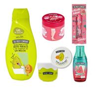 Pack Completo de Belleza The Fruit Company con Aroma a Sandía y Melon: Champú Hidratante, Labial Suavizante, Colonia Refrescante y Exfoliante Natural - Regalo con el Dulce Encanto de la Sandía y Melon
