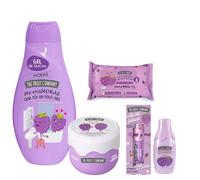 Pack Completo de Cuidados The Fruit Company con Aroma a Mora: Champú Hidratante,Brillo Labial, Colonia Refrescante, Toallitas refrescantes, Crema Corporal Seda - Regala un delicioso Aroma de Mora.