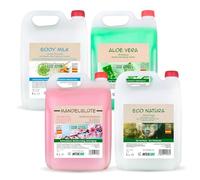 Pack con 4 Garrafas de Cuidado Personal Intercabo - Incluye Gel de Ducha Flor de Almendras, Champú Aloe Vera, Jabón de Manos Eco Natura y Body Milk, Garrafas de 5L