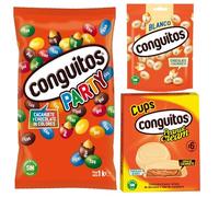 Pack Conguitos party bolsa 1kg, blancos doypack 220g, cups blanco pack 3x34g