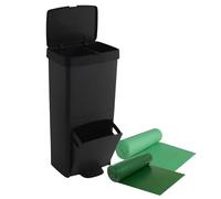Pack Cubo de basura o reciclaje 70L en NEGRO, VERTICAL, 2 Compartimentos, Papelera residuos, 76 cm, INCLUYE bolsas de basura adaptadas (30L + 40L)