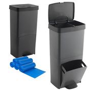 Pack Cubo de basura o reciclaje 70L, VERTICAL, 2 Compartimentos, Papelera residuos, 76 cm, fácil gestión, INCLUYE 5 rollos (75 bolsas) de basura adaptadas 30L