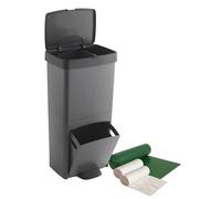 Pack Cubo de basura o reciclaje 70L, VERTICAL, 2 Compartimentos, Papelera residuos INCLUYE bolsas de basura adaptadas: 1 rollo 50L (10 bolsas) + 1 rollo 30L (20 bolsas)