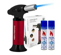 Pack de 1 Soplete Antorcha Cocina Recargable, Butano Gas Precargado con Bloqueo de Seguridad y Llama Ajustable,+ 2 Botellas de Gas Butano 300ml, para Bricolaje, Crema, Brulée, Postres, Soldadura