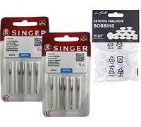 Pack de 10 Agujas para Máquinas de Coser Singer 2045 Grosor 90/14 para Tejidos Jersey (SUK) Elásticos y de Punto (Stretch) 130/705 H-S (Talón Plano de un Lado) Universales + 10 Canillas Transparentes