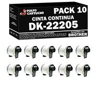 Pack de 10 Compatible Brother DK22205 - Etiquetas Genéricas de Tamaño personalizado - Ancho 62mm x 30,48 m - Texto negro - Cinta Continua DK-22205 de película plástica transparente