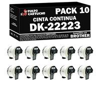 Pack de 10 Compatible Brother DK22223 - Etiquetas Genéricas de Tamaño personalizado - Ancho 50 mm x 30,48 metros - Texto negro sobre fondo blanco. Cinta continua DK-22223 de papel térmico blanco.