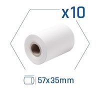 Pack de 10 rollos de papel térmico para datáfono 57x35 mm, ideal para impresión de recibos y transacciones comerciales.