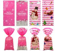 Pack de 100 bolsas de regalo de celofán rosa con lazos trenzados, Feliz Navidad, alce, muñeco de nieve, copo de nieve, bolsa de regalo para baby shower, fiesta de cumpleaños, Navidad, niño