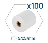 Pack de 100 rollos de papel térmico sin BPA 57x57 mm, ideales para impresoras de recibos en comercios y puntos de venta.