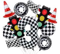 Pack de 11 decoraciones de cumpleaños coche, globos aluminio, decoración 3 años niño, globos semáforo, banderas y llantas, globos carrera de autos, fiesta infantil
