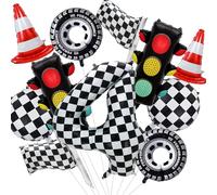 Pack de 11 decoraciones de cumpleaños coche, globos aluminio, decoración 4 años niño, globos semáforo, banderas y llantas, globos carrera de autos, fiesta infantil