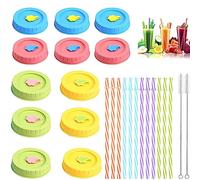 Pack de 12 tapas de rosca reutilizables para tarros de conserva,12 tapas twist-off,tapas para alimentos,tapas de repuesto de silicona con 12 pajitas y cepillos para pajitas