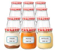 Pack de 12 Vasos de Vidrio de 190 ml con Tapa Metálica Hermética - Ideal para Yogur, Natillas, Pudding y Potitos - Apto para Microondas y Lavavajillas + Etiquetas Incluidas + Ebook de 102 Recetas