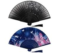 Pack de 2 Abanicos Plegables de Seda y Bambú, Abanico Chino Artesanal con Diseño de Mariposa Azul y Flor de Ciruelo, Abanicos de Mano para Baile, Tai Chi y Decoración, 21 cm