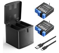 Pack de 2 baterías para GoPro Hero 8, 7, 6, 5 y 3 canales USB cargador de batería con cable tipo C, 2200 mAh de repuesto de baterías de alto rendimiento para GoPro Hero 8, 7, 6, 5 Negro