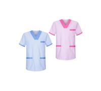 Pack DE 2 - Casaca Sanitaria Unisex Cuello Pico Raya Manga Corta Ropa Trabajo Médico Estética Veterinaria Dentista Enfermera Uniforme Laboral Ligero Tres Bolsillos Cómodo Lavable - Serie T817 (M)
