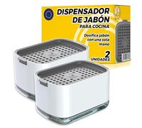 Pack de 2 Dispensador Jabon con Porta Estropajo y Jabonera 2 en 1 | Dosificador para Lavavajillas de Doble funcion con Base Antideslizante para Organizar Fregadero en Encimera
