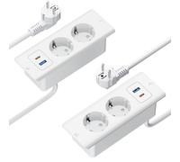 Pack de 2 enchufes empotrables con USB C 20 W, 2 enchufes de mesa con USB-A y USB-C, regleta empotrada, para oficina y hogar, cable de 1,8 m, color blanco