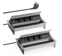 Pack de 2 enchufes empotrables de Aluminio con 3 enchufes con 2 USB-C PD de 30 W y 2 USB-A - Enchufe retráctil, ángulo Ajustable para Cocina, Escritorio y Oficina, Cable de 1,8 m, Color Plateado