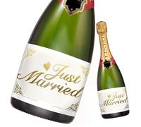 Pack de 2 Etiquetas para Botellas "Just Married" Pegatinas para Vino, Cava y Champagne Regalo de Boda Original y Personalizado 14,8 x 10,5 cm (Blanco)