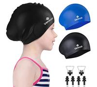 Pack de 2 Gorros de natación para niños para Pelo Largo/Corto, Unisex, de Silicona, para niños de 3 a 15 años, Impermeable, Gorro de natación con Tapones para los oídos y Clip para la Nariz-1