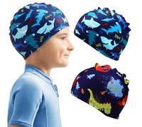 Pack de 2 Gorros de Piscina para Bebé y Niños, Gorro Natación Niña y Niño de Tela Suave con Diseño de Tiburón y Dinosaurio, Gorros de Natación Infantiles Elásticos para Clases de Natación y Playa