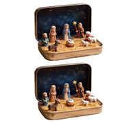 Pack De 2 Mini Belenes Navideños En Caja Metálica, Pequeñas Figuras De La Natividad Para Decoración Navideña, Escena Portátil De Bolsillo Del Nacimiento De Jesús Con Figuras De Resina De La Sagrada Fa