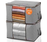 Pack de 2 Organizadores de Ropa 90L, Cajas de Almacenaje Plegables con Cremallera, Bolsas para Guardar Ropa en Armarios,Tela No Tejida Resistente, Ideal para Mantener Todo en Orden, Color Gris.