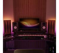 Pack de 2 paneles acústicos estrechos «PULSAR-mini» con lámpara de escritorio RGB | Soporte móvil con base LED para mesa | Para estudios de podcast y salas de juegos | 50×25cm | Color: Cerezo