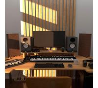 Pack de 2 paneles acústicos estrechos «WILDS-mini» con lámpara de escritorio RGB | Soporte móvil con base LED para mesa | Para estudios de podcast y salas de juegos | 50×25cm | Color: Nogal