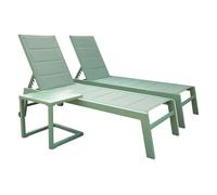 Pack de 2 tumbonas verdes de textileno y mesa auxiliar de aluminio verde salvia barbados