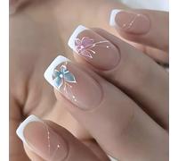Pack De 24 Uñas De Mariposa Francesas Puntas Artificiales Uñas Artificiales Diseño Elegante Para Aplicación Inmediata Efecto Blanco Natural Para Imprimir En La Uña