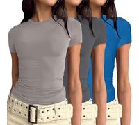 Pack de 3 Camisetas de Mujer, Cuello Redondo, Manga Corta, Ajustadas, Básicas Y2k, Crop Tops de Verano, Tops Básicos de un Solo Color, Blanco, Camisetas de Gimnasio Básicas, Camisetas de Ajuste