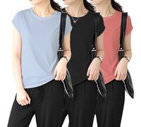 Pack de 3 camisetas para mujer, cuello redondo, manga corta, elástico, suave, cómoda, informal, transpirable, para entrenamiento, para mujer, colores sólidos, camiseta básica con cuello redondo, s, L