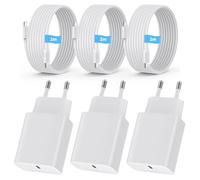Pack de 3 Cargadores USB-C 20W + Cable de 2m USB-C/Lightning - Compatible con i-Phone 15/14/13/12 Pro MAX/Mini, Sam-Sung Galaxy S23/S22, Air-Pods Pro, i-Pad Enchufe EU Compacto Blanco.