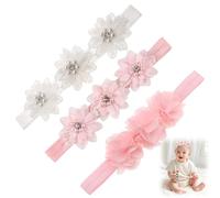 Pack de 3 Cintas para Bebé Niña, Diademas para Recién Nacida con Flores de Perlas Rosas, Flores Perlas Blancas y Cinta Flore Rosadas, Accesorios Pelo Suaves Elásticos Bebés, Niñas, Damas Honor