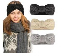 Pack de 3 Cintas para el Pelo Mujer - Cinta Invernal Forrada de Felpa - Suave Cinta de Punto con Lazo para Clima Frío, Deportes de Exterior, Correr, Esquí (Beige+Negro+Gris)